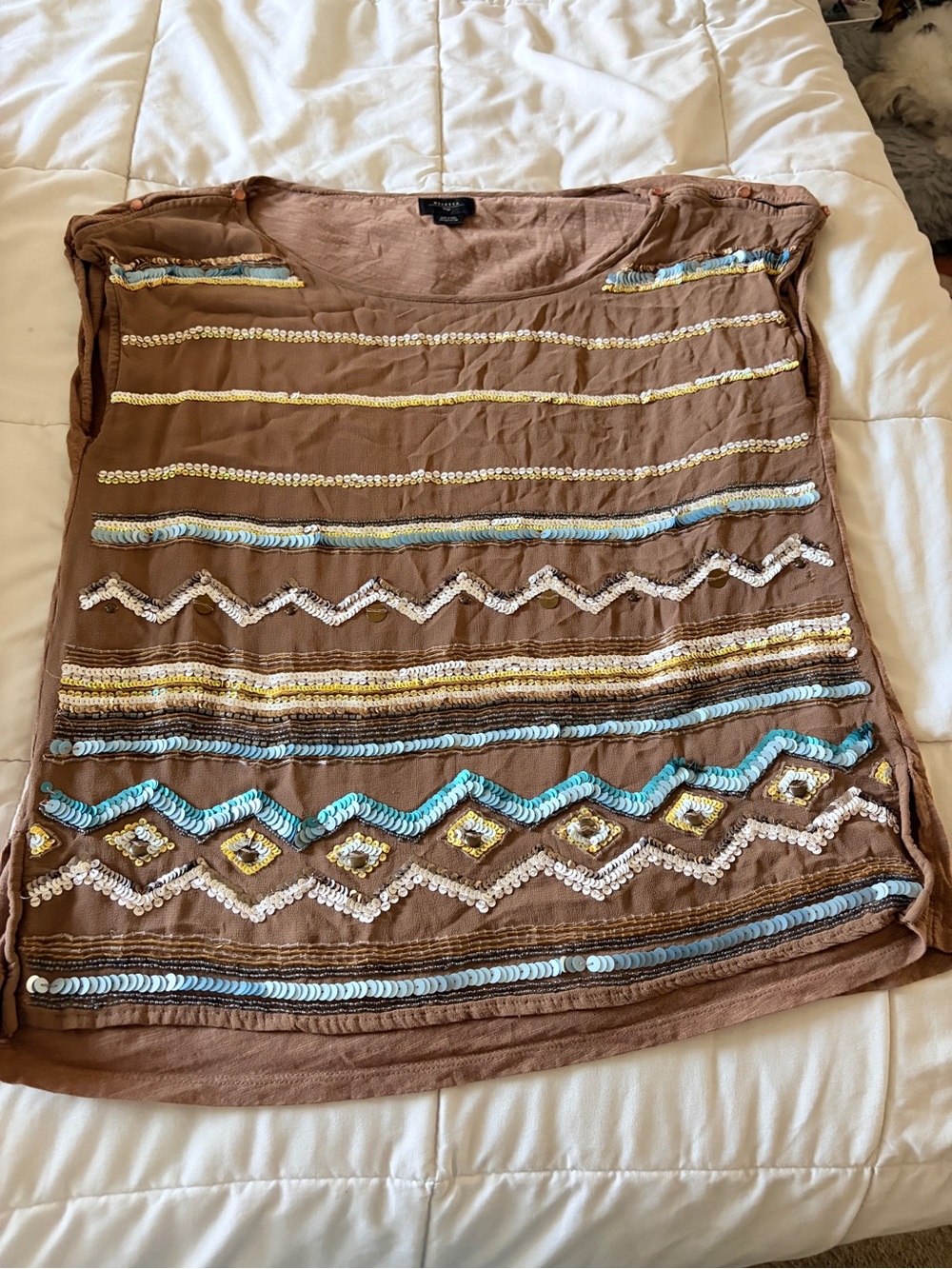 Beaded Embellished Brown Women's Top with Blue and Gold Accents
